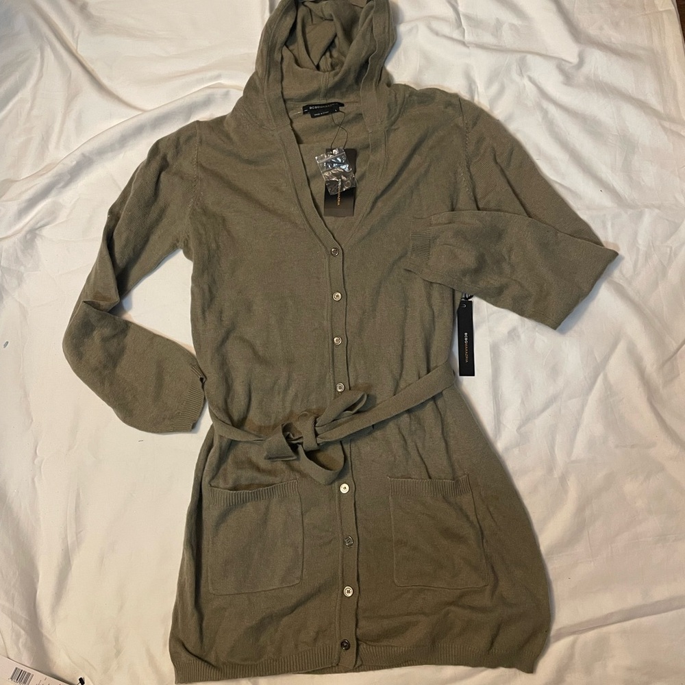 NWT BCBGMAXAZRIA Wool & cashmere long button-up hooded cardigan sweater Large
